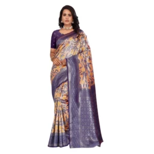 Women's Banarasi Silk Jaquard Woven Saree With Unstitched Blouse 5.5Mtr (Orange) - Image 2