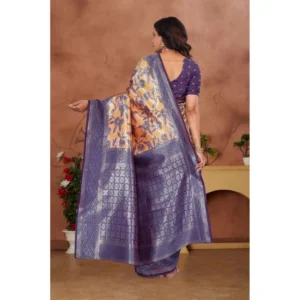 Women's Banarasi Silk Jaquard Woven Saree With Unstitched Blouse 5.5Mtr (Orange) - Image 3