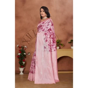 Women's Banarasi Silk Jaquard Woven Saree With Unstitched Blouse 5.5Mtr (Pink) - Image 3