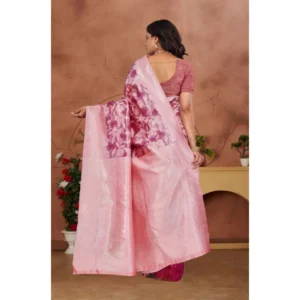 Women's Banarasi Silk Jaquard Woven Saree With Unstitched Blouse 5.5Mtr (Pink) - Image 2