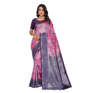 Women's Banarasi Silk Jaquard Woven Saree With Unstitched Blouse 5.5Mtr (Pink) - Image 3
