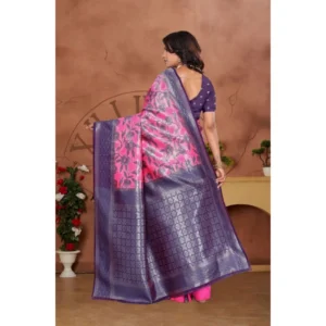 Women's Banarasi Silk Jaquard Woven Saree With Unstitched Blouse 5.5Mtr (Pink) - Image 2