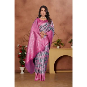 Women's Banarasi Silk Jaquard Woven Saree With Unstitched Blouse 5.5Mtr (Pink) - Image 5