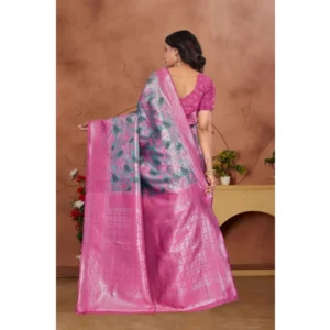 Women's Banarasi Silk Jaquard Woven Saree With Unstitched Blouse 5.5Mtr (Pink) - Image 3
