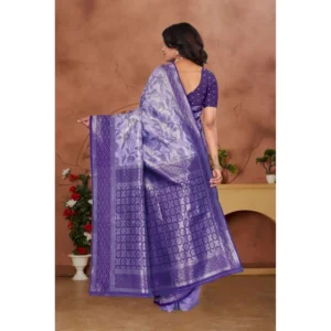 Women's Banarasi Silk Jaquard Woven Saree With Unstitched Blouse 5.5Mtr (Purple) - Image 3