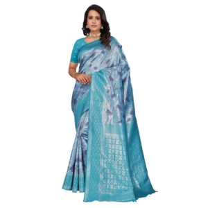 Women's Banarasi Silk Jaquard Woven Saree With Unstitched Blouse 5.5Mtr (Light Blue) - Image 2