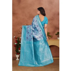 Women's Banarasi Silk Jaquard Woven Saree With Unstitched Blouse 5.5Mtr (Light Blue) - Image 3