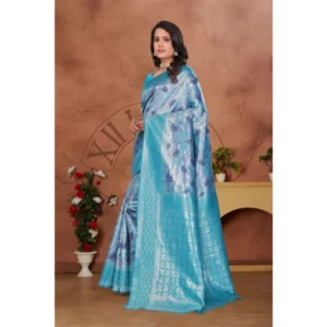 Women's Banarasi Silk Jaquard Woven Saree With Unstitched Blouse 5.5Mtr (Light Blue) - Image 4