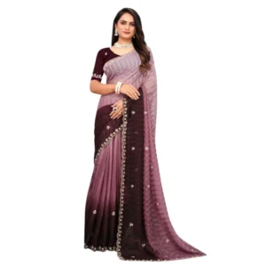 Women's Chiffon Embroidred Saree With Unstitched Blouse 5.5Mtr (Beige) - Image 2