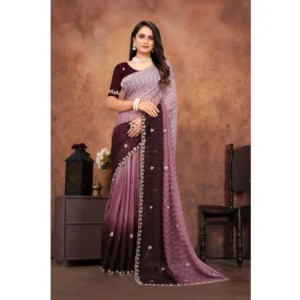 Women's Chiffon Embroidred Saree With Unstitched Blouse 5.5Mtr (Beige) - Image 5