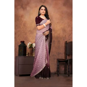 Women's Chiffon Embroidred Saree With Unstitched Blouse 5.5Mtr (Beige) - Image 3