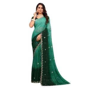 Women's Chiffon Embroidred Saree With Unstitched Blouse 5.5Mtr (Dark Green) - Image 2