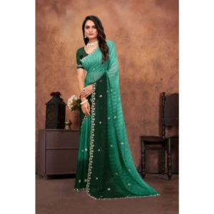Women's Chiffon Embroidred Saree With Unstitched Blouse 5.5Mtr (Dark Green) - Image 5