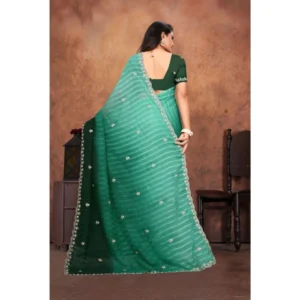 Women's Chiffon Embroidred Saree With Unstitched Blouse 5.5Mtr (Dark Green) - Image 3