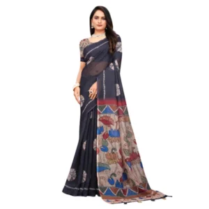 Women's Linen Printed Saree With Unstitched Blouse 5.5Mtr (Black) - Image 2