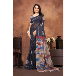 Women's Linen Printed Saree With Unstitched Blouse 5.5Mtr (Black) - Image 5