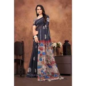 Women's Linen Printed Saree With Unstitched Blouse 5.5Mtr (Black) - Image 4