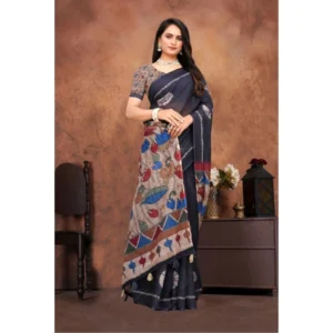 Women's Linen Printed Saree With Unstitched Blouse 5.5Mtr (Black) - Image 3