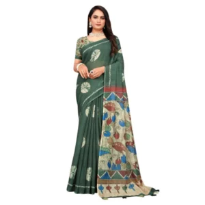 Women's Linen Printed Saree With Unstitched Blouse 5.5Mtr (Dark Green) - Image 3