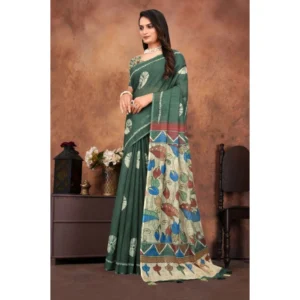Women's Linen Printed Saree With Unstitched Blouse 5.5Mtr (Dark Green) - Image 5