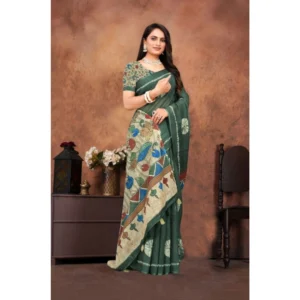 Women's Linen Printed Saree With Unstitched Blouse 5.5Mtr (Dark Green) - Image 4