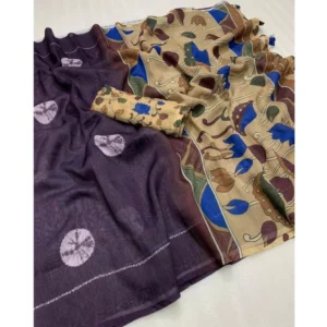 Women's Linen Printed Saree With Unstitched Blouse 5.5Mtr (Purple) - Image 2