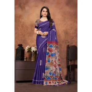 Women's Linen Printed Saree With Unstitched Blouse 5.5Mtr (Purple) - Image 4