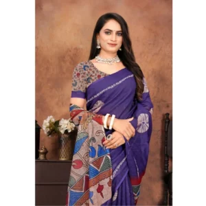 Women's Linen Printed Saree With Unstitched Blouse 5.5Mtr (Purple) - Image 2