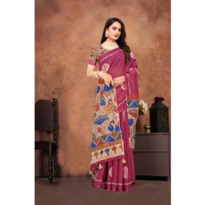 Women's Linen Printed Saree With Unstitched Blouse 5.5Mtr (Purple) - Image 3