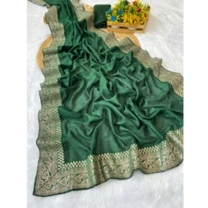 Women's Silk Embroidred Saree With Unstitched Blouse 5.5Mtr (Dark Green) - Image 2