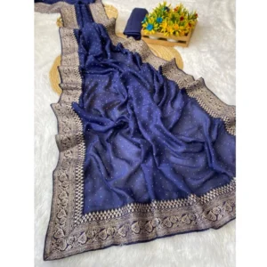 Women's Silk Embroidred Saree With Unstitched Blouse 5.5Mtr (Blue) - Image 2