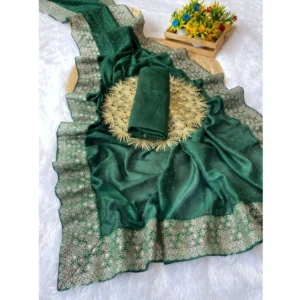 Women's Silk Embroidred Saree With Unstitched Blouse 5.5Mtr (Dark Green) - Image 2