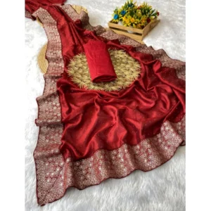 Women's Silk Embroidred Saree With Unstitched Blouse 5.5Mtr (Red) - Image 2