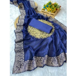 Women's Silk Embroidred Saree With Unstitched Blouse 5.5Mtr (Blue) - Image 2
