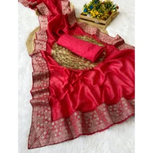 Women's Silk Embroidred Saree With Unstitched Blouse 5.5Mtr (Pink) - Image 2