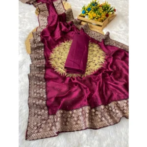 Women's Silk Embroidred Saree With Unstitched Blouse 5.5Mtr (Purple) - Image 2