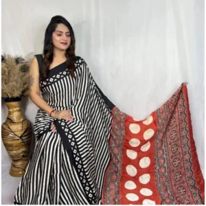 Women's Satin Printed Saree With Unstitched Blouse 5.5Mtr (Black) - Image 3