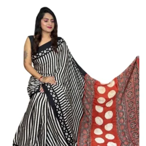 Women's Satin Printed Saree With Unstitched Blouse 5.5Mtr (Black) - Image 2
