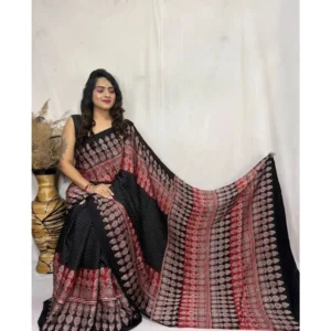 Women's Satin Printed Saree With Unstitched Blouse 5.5Mtr (Black) - Image 3
