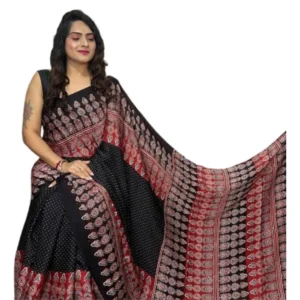 Women's Satin Printed Saree With Unstitched Blouse 5.5Mtr (Black) - Image 2
