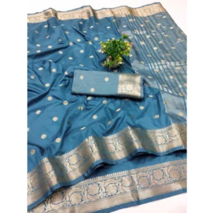 Women's Jacquard Silk Jaquard Woven Saree With Unstitched Blouse 5.5Mtr (Light Blue) - Image 2