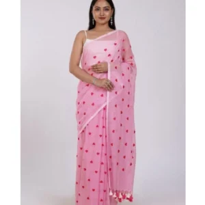 Women's Linen Printed Saree With Unstitched Blouse 5.5Mtr (Pink) - Image 3