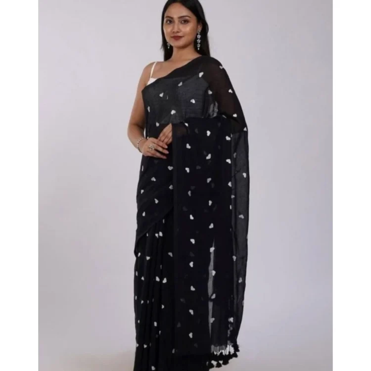 Women's Linen Printed Saree With Unstitched Blouse 5.5Mtr (Black)