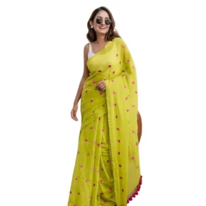 Women's Linen Printed Saree With Unstitched Blouse 5.5Mtr (Light Green) - Image 2