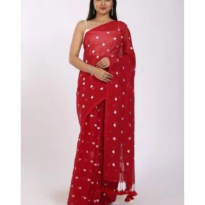 Women's Linen Printed Saree With Unstitched Blouse 5.5Mtr (Red) - Image 3