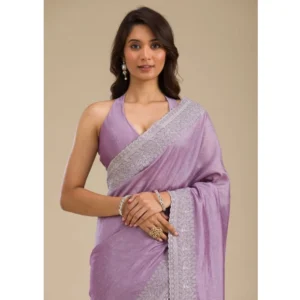 Women's Silk Embroidred Saree With Unstitched Blouse 5.5Mtr (Purple) - Image 3