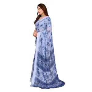 Women's Georgette Printed Saree With Unstitched Blouse 5.5Mtr (Light Blue) - Image 4
