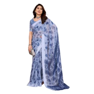 Women's Georgette Printed Saree With Unstitched Blouse 5.5Mtr (Light Blue) - Image 2