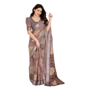 Women's Georgette Printed Saree With Unstitched Blouse 5.5Mtr (Brown) - Image 2