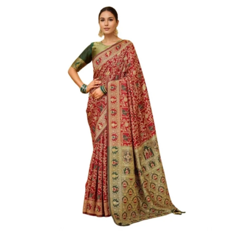 Women's Silk Blend Woven Paithani Saree With Unstitched Blouse 5.5Mtr (Red)
